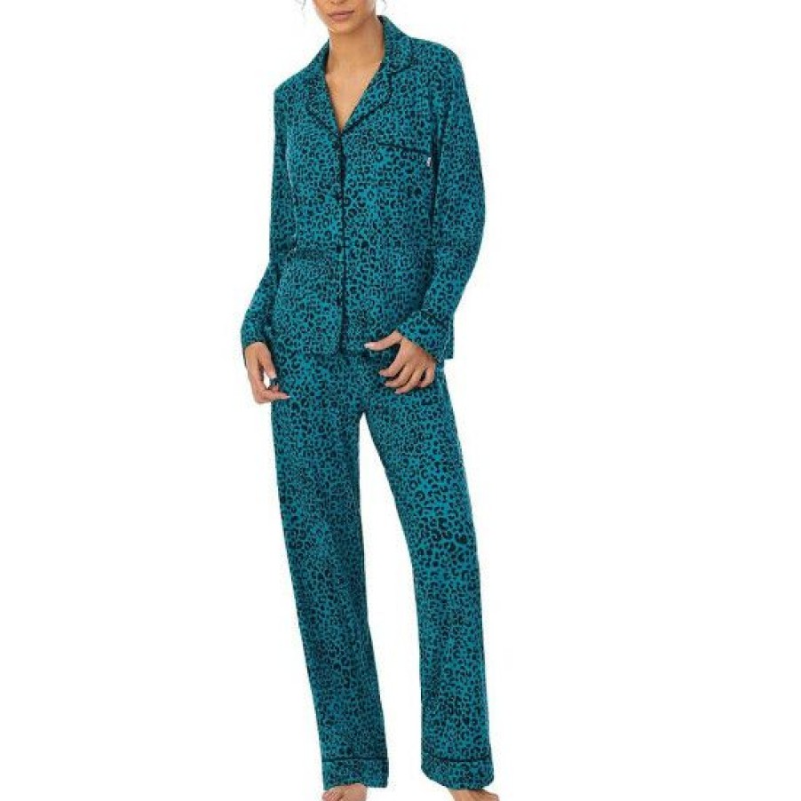 Lingerie * | Top 10 Dkny Animal Print Long Sleeve Patch Pocket Notch Collar Shirt & Pants Knit Pajama Set Teal Print