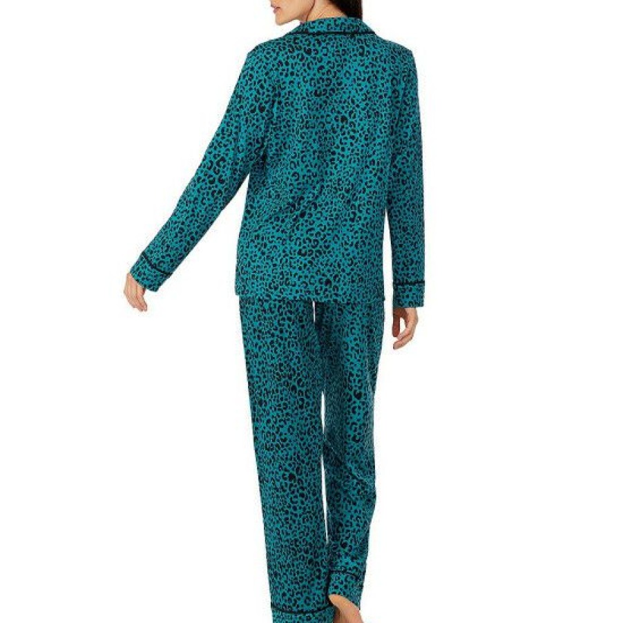 Lingerie * | Top 10 Dkny Animal Print Long Sleeve Patch Pocket Notch Collar Shirt & Pants Knit Pajama Set Teal Print