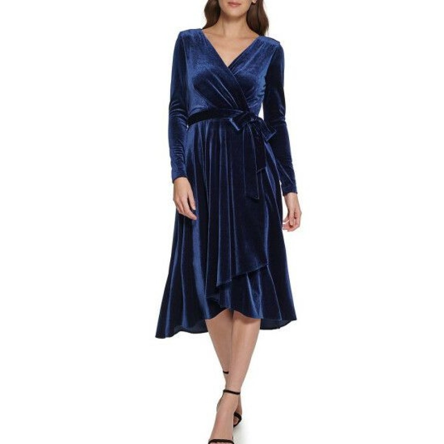 Women'S Clothing * | Discount Dkny Velvet Surplice V-Neck Long Sleeve Tie Waist Faux Wrap Midi Dress Midnight