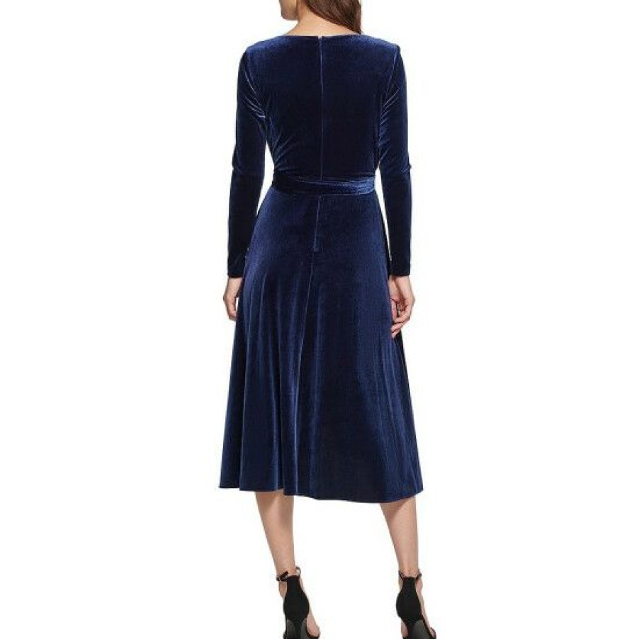 Women'S Clothing * | Discount Dkny Velvet Surplice V-Neck Long Sleeve Tie Waist Faux Wrap Midi Dress Midnight