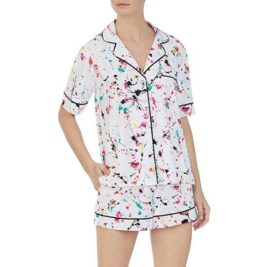 Lingerie * | Outlet Dkny Paint Splatter Print Notch Collar Short Sleeve Button Front Pajama Set White Print