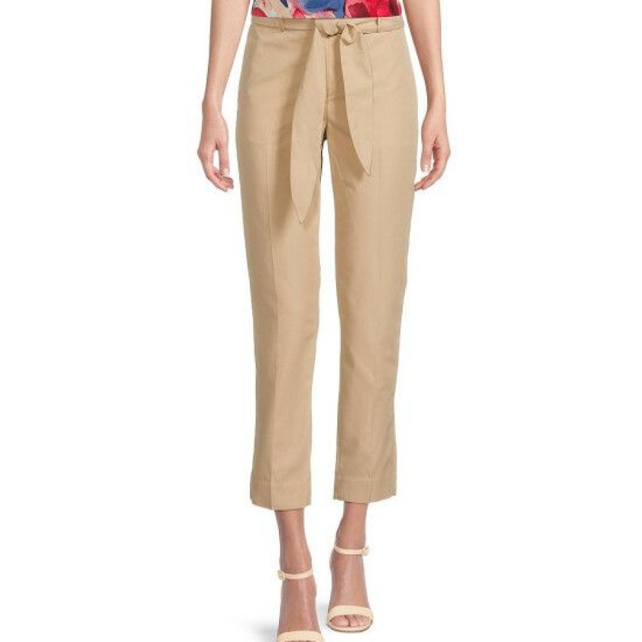 Women'S Clothing * | Coupon Dkny Twill Belted Paperbag Waist Crop Pants Almond