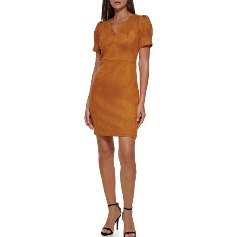 Women'S Clothing * | Flash Sale Dkny Faux Suede V-Neck Short Puff Sleeve Sheath Dress