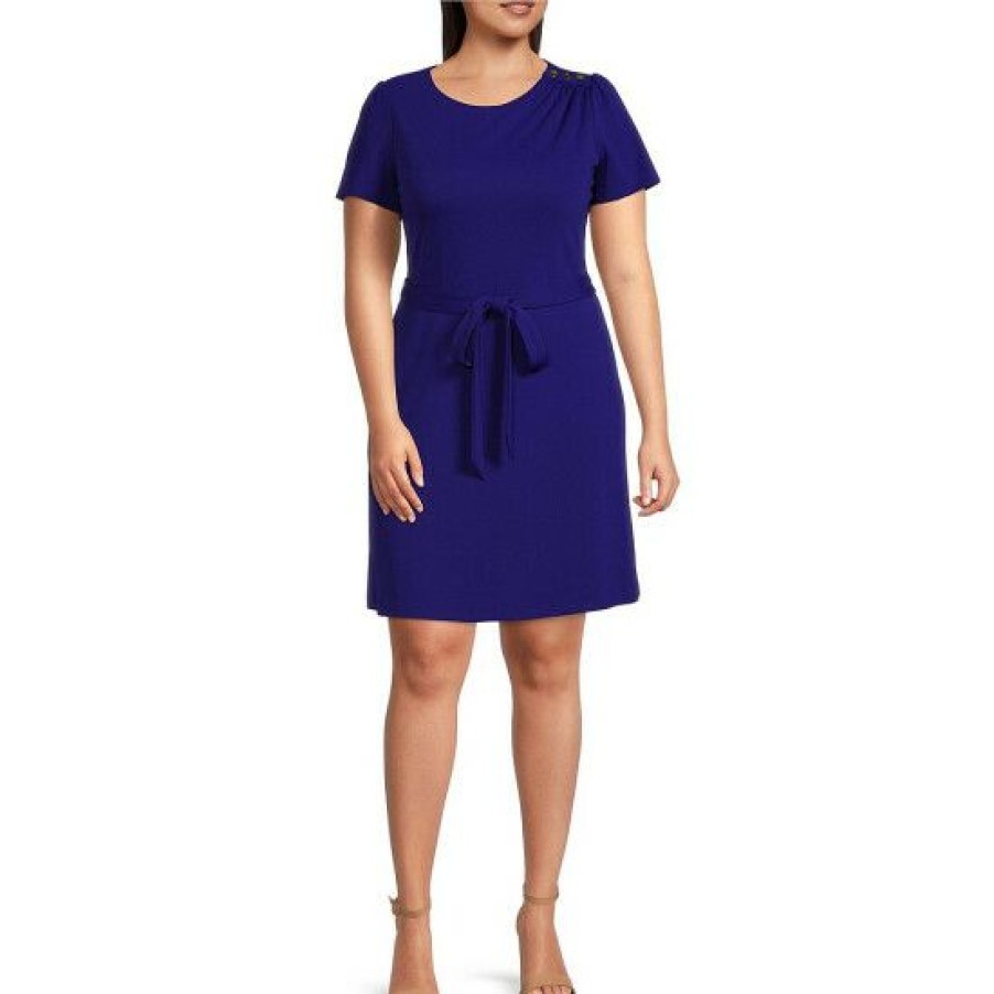 Women'S Clothing * | Promo Dkny Plus Size Short Sleeve Crew Neck Button Shoulder Fit And Flare Self-Tie Belted Dress Berry Blue