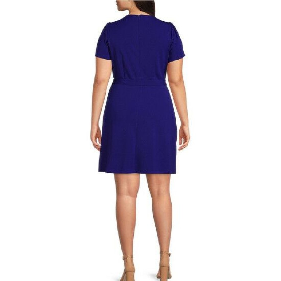 Women'S Clothing * | Promo Dkny Plus Size Short Sleeve Crew Neck Button Shoulder Fit And Flare Self-Tie Belted Dress Berry Blue