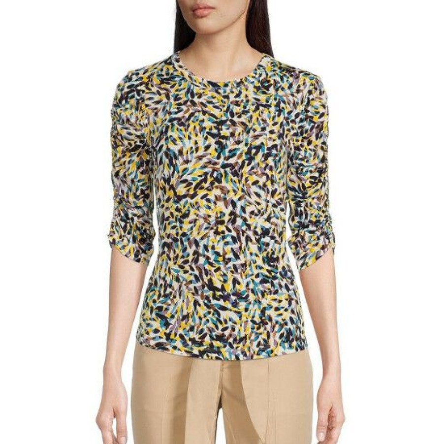 Women'S Clothing * | Cheapest Dkny Abstract Printed 3/4 Ruched Sleeve Crew Neck Top Cadet/Mineral