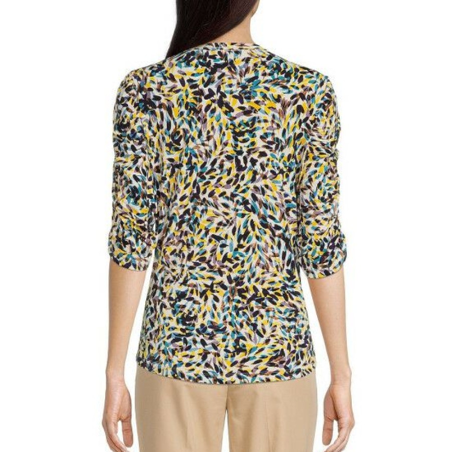 Women'S Clothing * | Cheapest Dkny Abstract Printed 3/4 Ruched Sleeve Crew Neck Top Cadet/Mineral