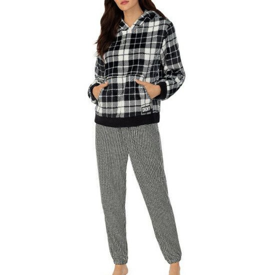 Lingerie * | Coupon Dkny Check Print Long Sleeve Hoodie And Houndstooth Print Pajama Set Black Print