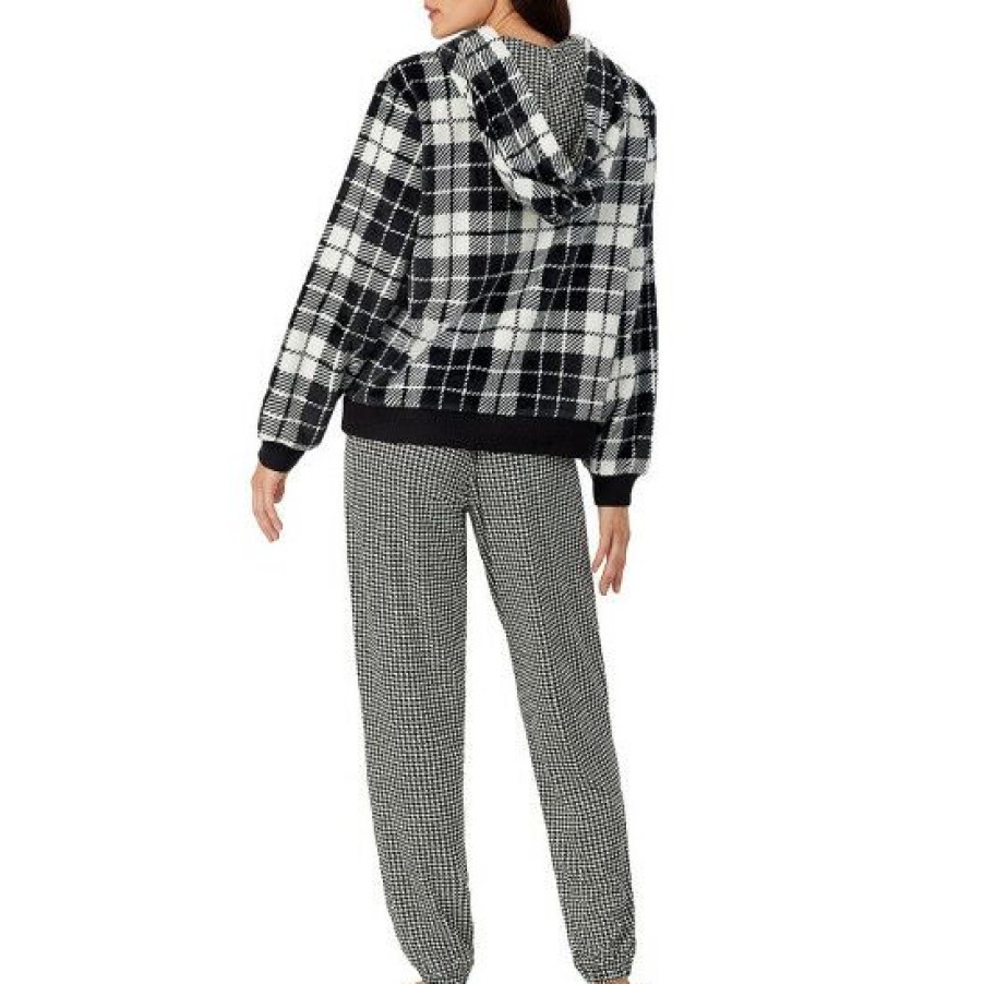 Lingerie * | Coupon Dkny Check Print Long Sleeve Hoodie And Houndstooth Print Pajama Set Black Print