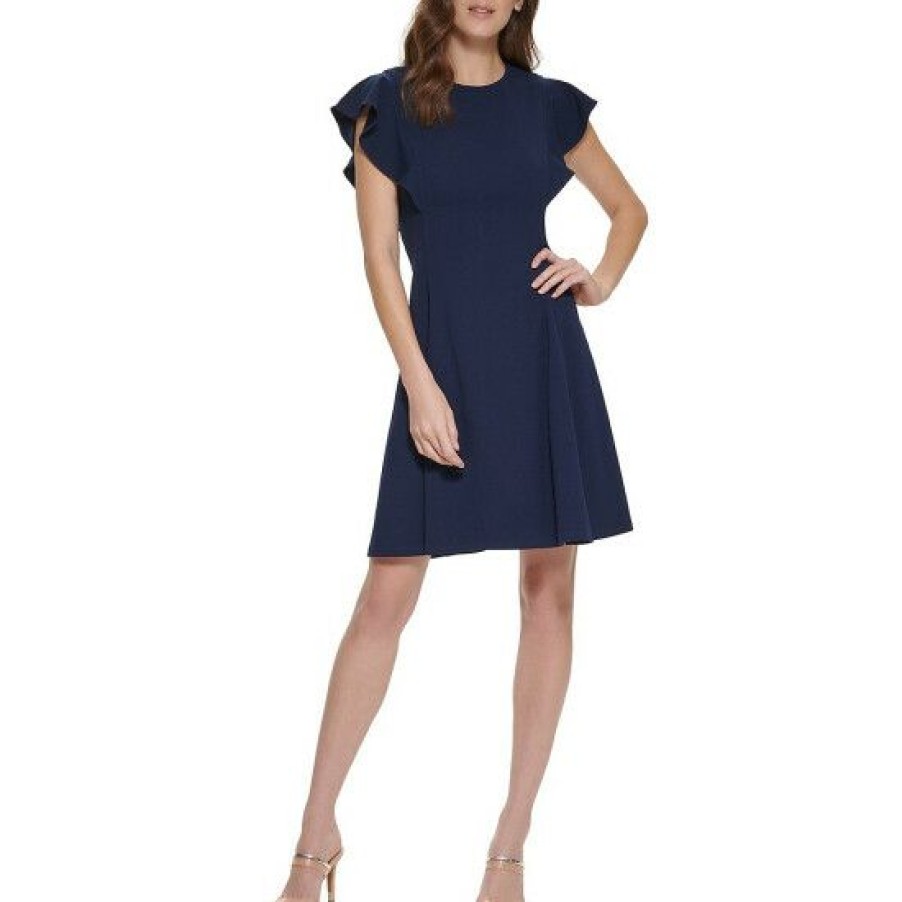 Women'S Clothing * | Wholesale Dkny Petite Size Scuba Crepe Short Ruffle Sleeve Crew Neck Fit And Flare Dress Navy