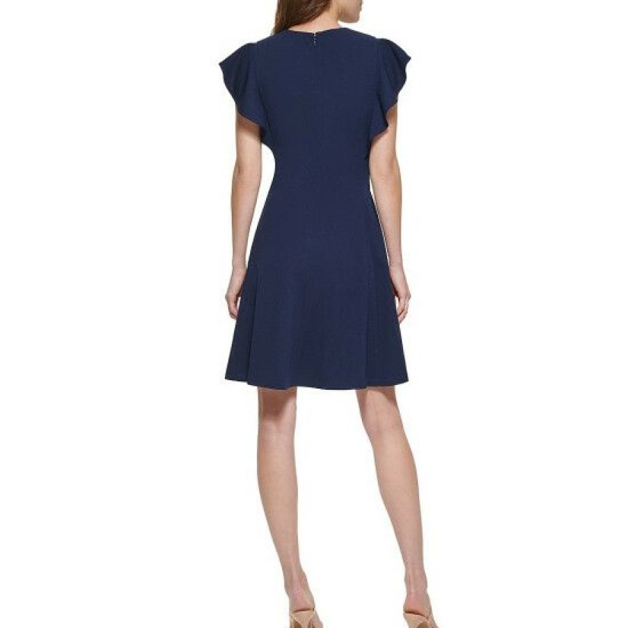 Women'S Clothing * | Wholesale Dkny Petite Size Scuba Crepe Short Ruffle Sleeve Crew Neck Fit And Flare Dress Navy