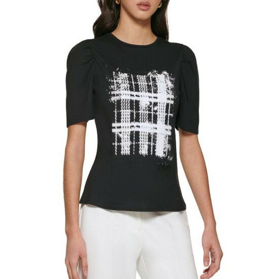 Women'S Clothing * | Buy Dkny Printed Short Puff Sleeve Crew Neck Logo Tee Black/White