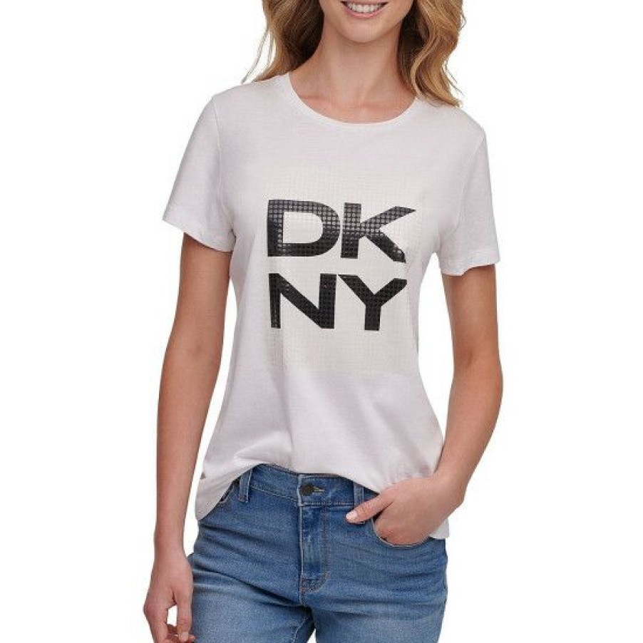 Women'S Clothing * | Best Pirce Dkny Cotton-Blend Knit Jersey Clear Dot Logo Short Sleeve T-Shirt White