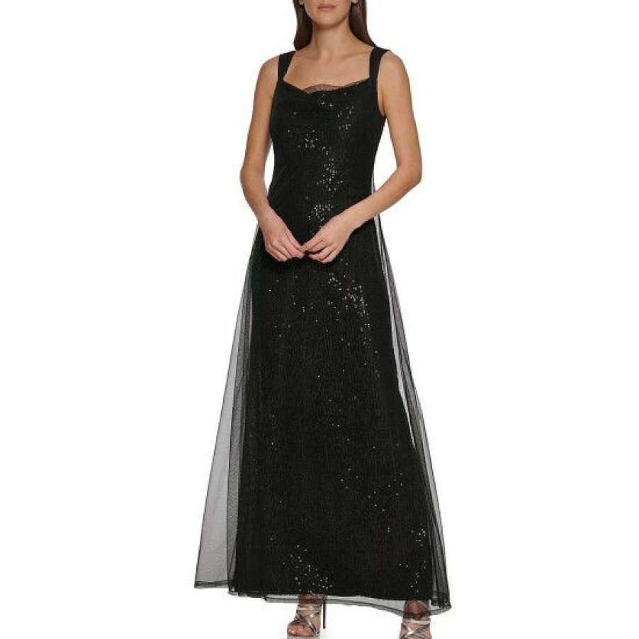 Women'S Clothing * | Flash Sale Dkny Stretch Sequin Tulle Mesh Overlay Cowl Neck Sleeveless A-Line Gown Black