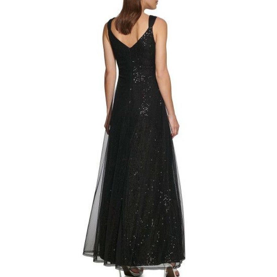 Women'S Clothing * | Flash Sale Dkny Stretch Sequin Tulle Mesh Overlay Cowl Neck Sleeveless A-Line Gown Black