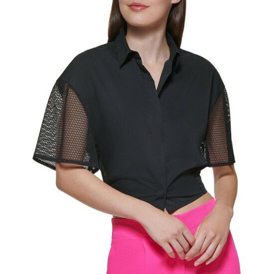 Women'S Clothing * | Discount Dkny Tie Waist Back Detail Cropped Mixed Media Point Collar Short Mesh Sleeve Button Front Shirt