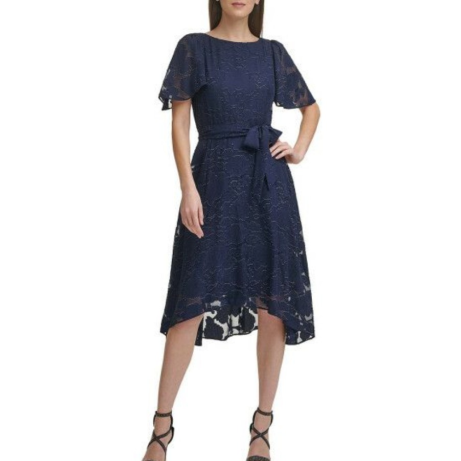 Women'S Clothing * | New Dkny Metallic Floral Chiffon Burnout Short Flutter Sleeve Round Neck Tie Waist High-Low Midi Dress Navy