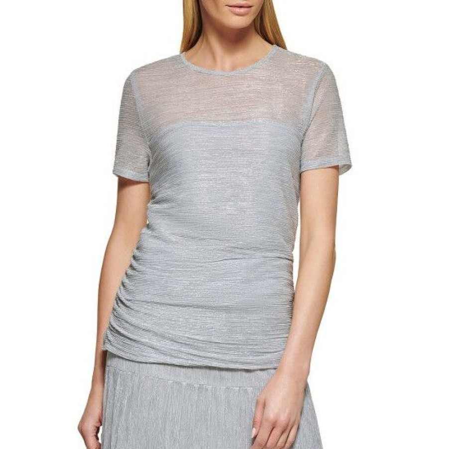 Women'S Clothing * | Wholesale Dkny Pleated Metallic Mesh Round Neck Short Sleeve Ruched Top Metallic Silver