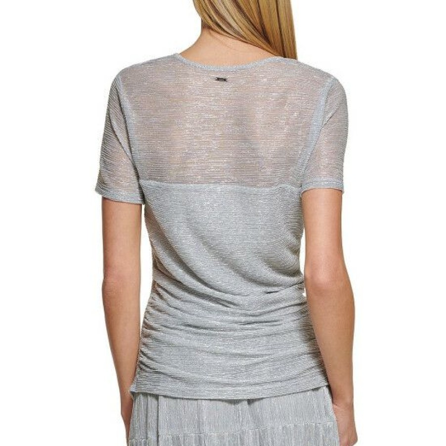 Women'S Clothing * | Wholesale Dkny Pleated Metallic Mesh Round Neck Short Sleeve Ruched Top Metallic Silver