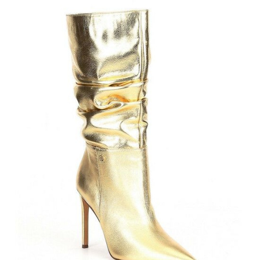 Shoes * | Best Deal Dkny Maliza Metallic Leather Slouch Pointed Toe Mid Boots Warm Gold