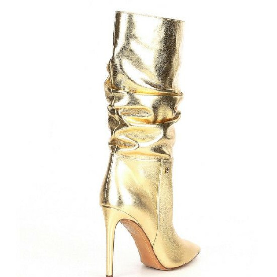 Shoes * | Best Deal Dkny Maliza Metallic Leather Slouch Pointed Toe Mid Boots Warm Gold