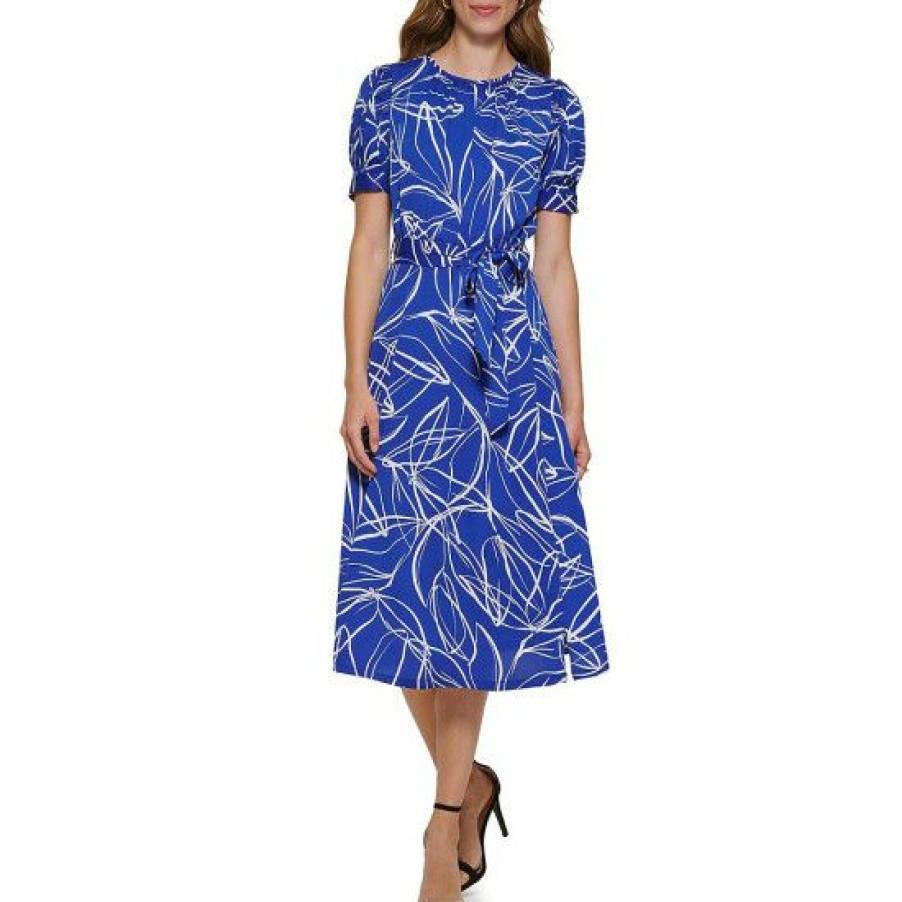 Women'S Clothing * | Best Pirce Dkny Satin Crepe Crew Neck Short Puff Sleeve Belted A-Line Midi Dress Blue Multi