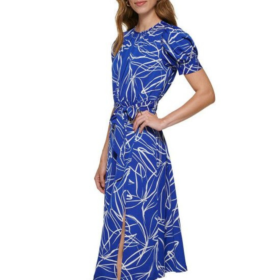 Women'S Clothing * | Best Pirce Dkny Satin Crepe Crew Neck Short Puff Sleeve Belted A-Line Midi Dress Blue Multi