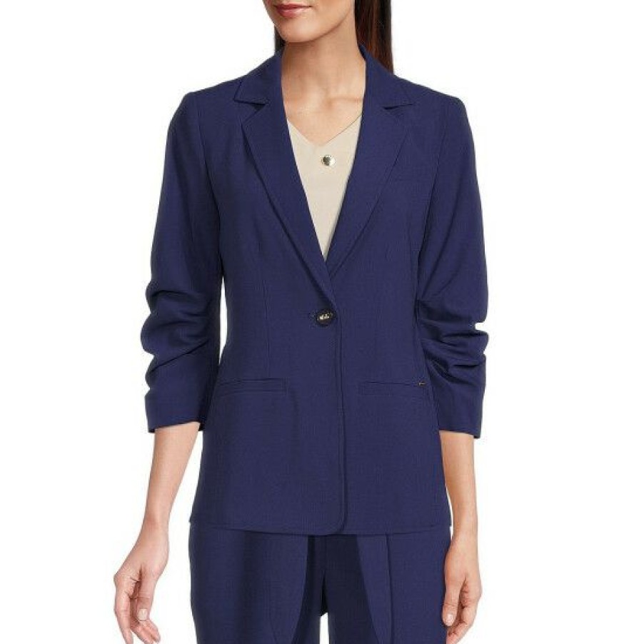 Women'S Clothing * | Deals Dkny 3/4 Ruched Sleeve Notch Collar One-Button Blazer Cadet Blue