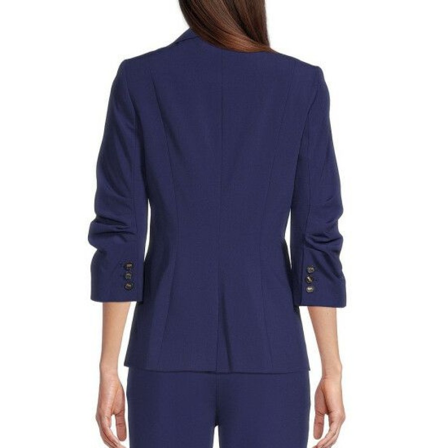 Women'S Clothing * | Deals Dkny 3/4 Ruched Sleeve Notch Collar One-Button Blazer Cadet Blue