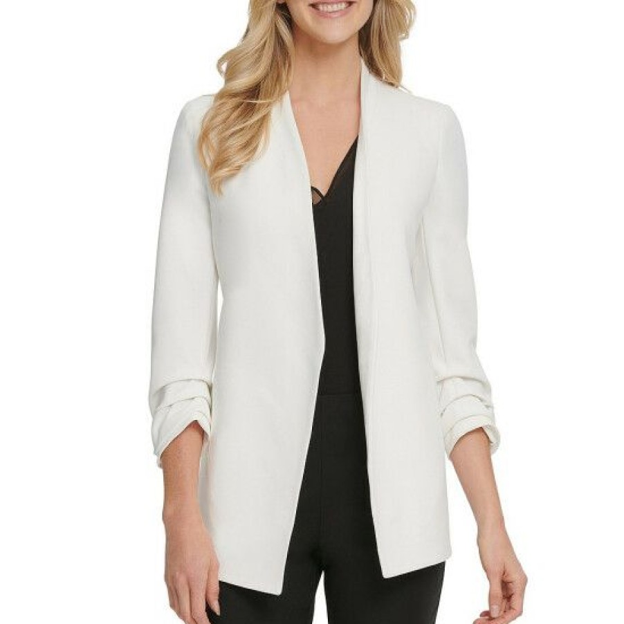 Women'S Clothing * | Cheap Dkny Scuba Crepe Ruched 3/4 Ruched Sleeve Open Front Jacket