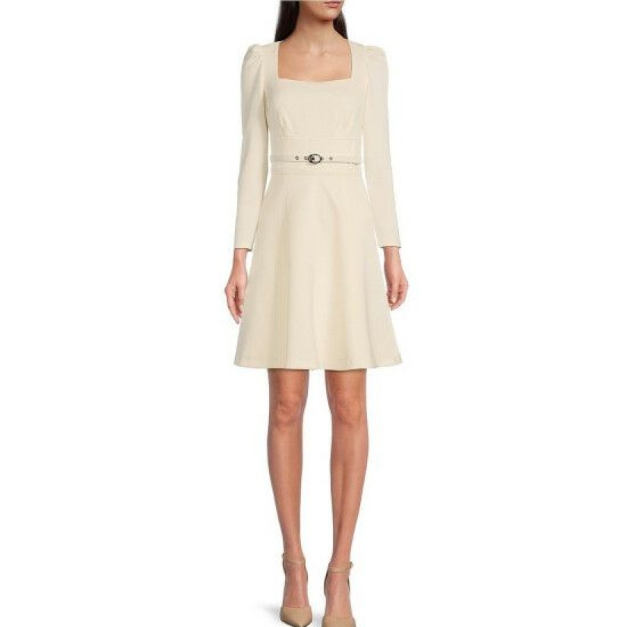 Women'S Clothing * | Brand New Dkny Stretch Fit And Flare Square Neck Belted Dress Buttercream