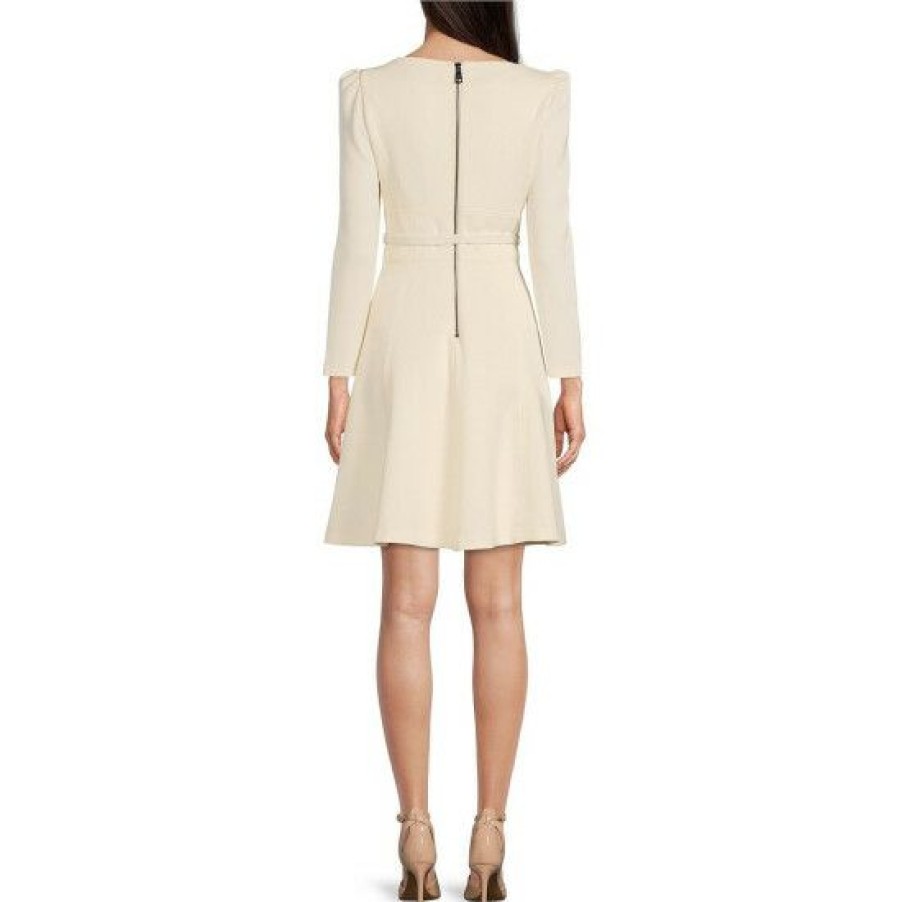 Women'S Clothing * | Brand New Dkny Stretch Fit And Flare Square Neck Belted Dress Buttercream