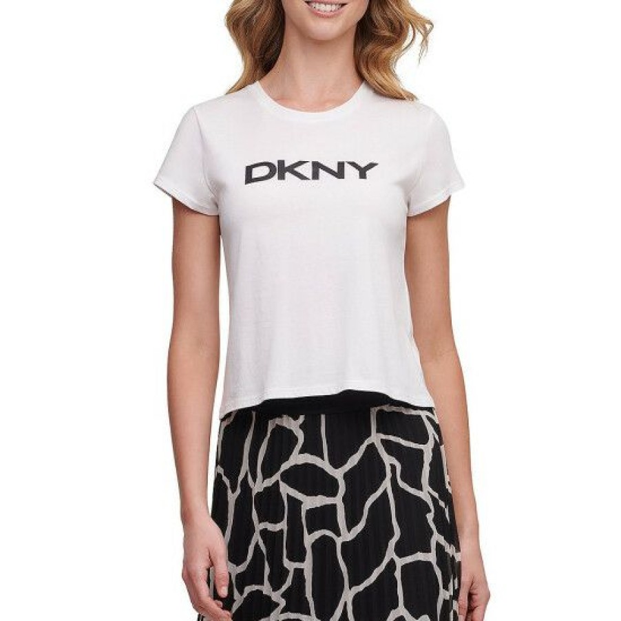 Women'S Clothing * | New Dkny Cotton Blend Knit Jersey Logo Print Short Sleeve Cropped T-Shirt White