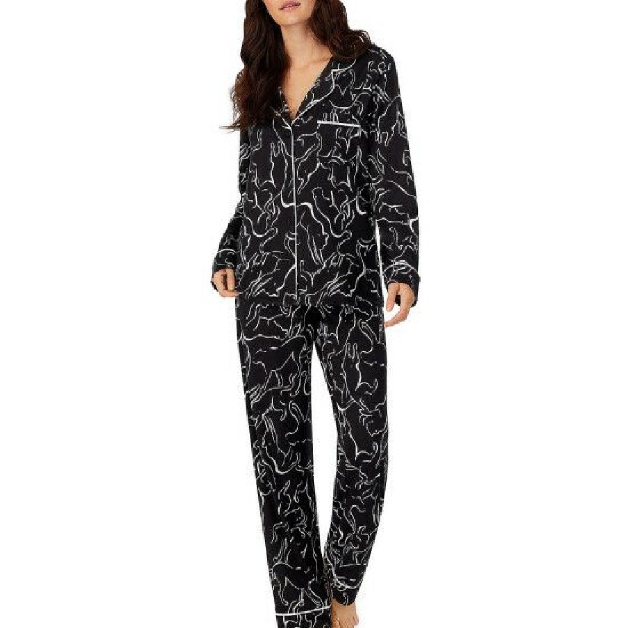 Lingerie * | Budget Dkny Panther Print Long Sleeve Notch Collar Shirt & Pants Knit Pajama Set Black Print