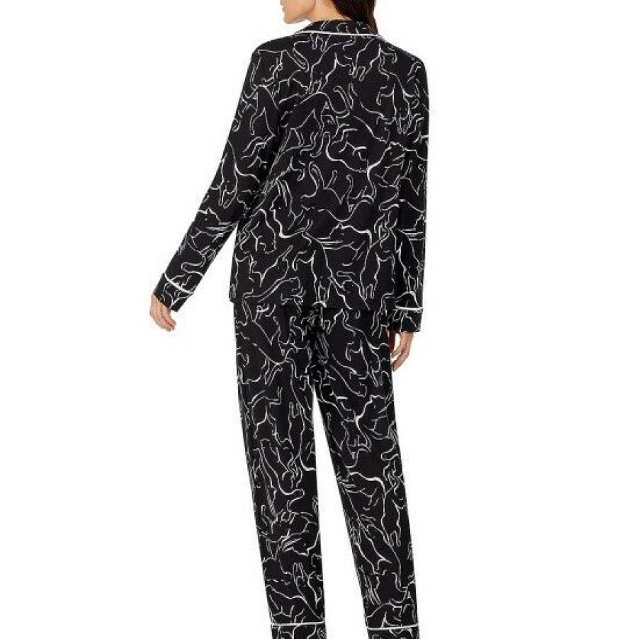 Lingerie * | Budget Dkny Panther Print Long Sleeve Notch Collar Shirt & Pants Knit Pajama Set Black Print