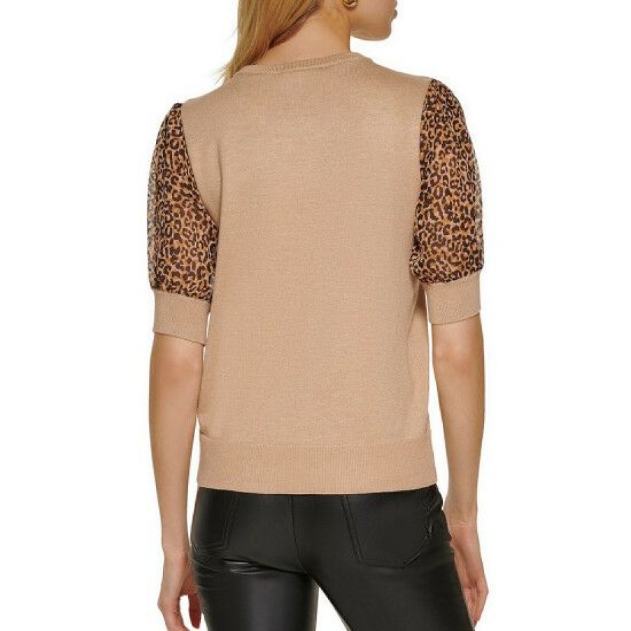 Women'S Clothing * | Coupon Dkny Crew Neck Short Puff Animal Print Sleeve Mixed Media Top Tan Multi