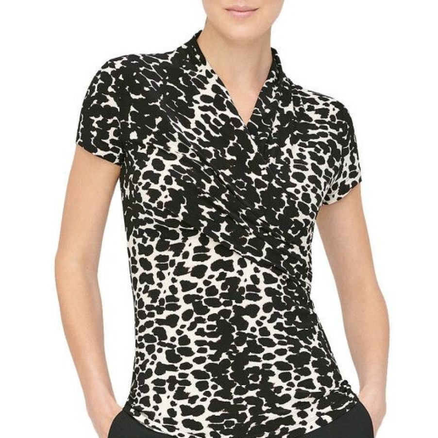 Women'S Clothing * | Wholesale Dkny Animal Matte Jersey Short Sleeve V-Neck Side Ruched Top Print