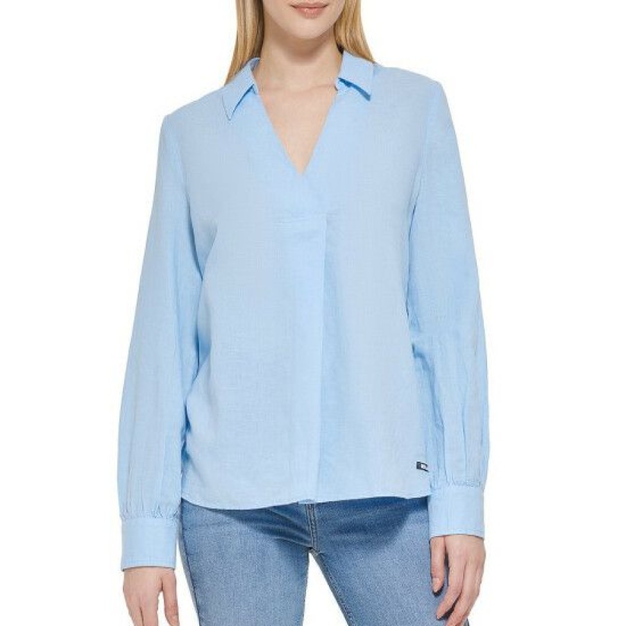 Women'S Clothing * | Budget Dkny Jeans Back Yoke Point Collar V-Neck Long Sleeve Woven Shirt