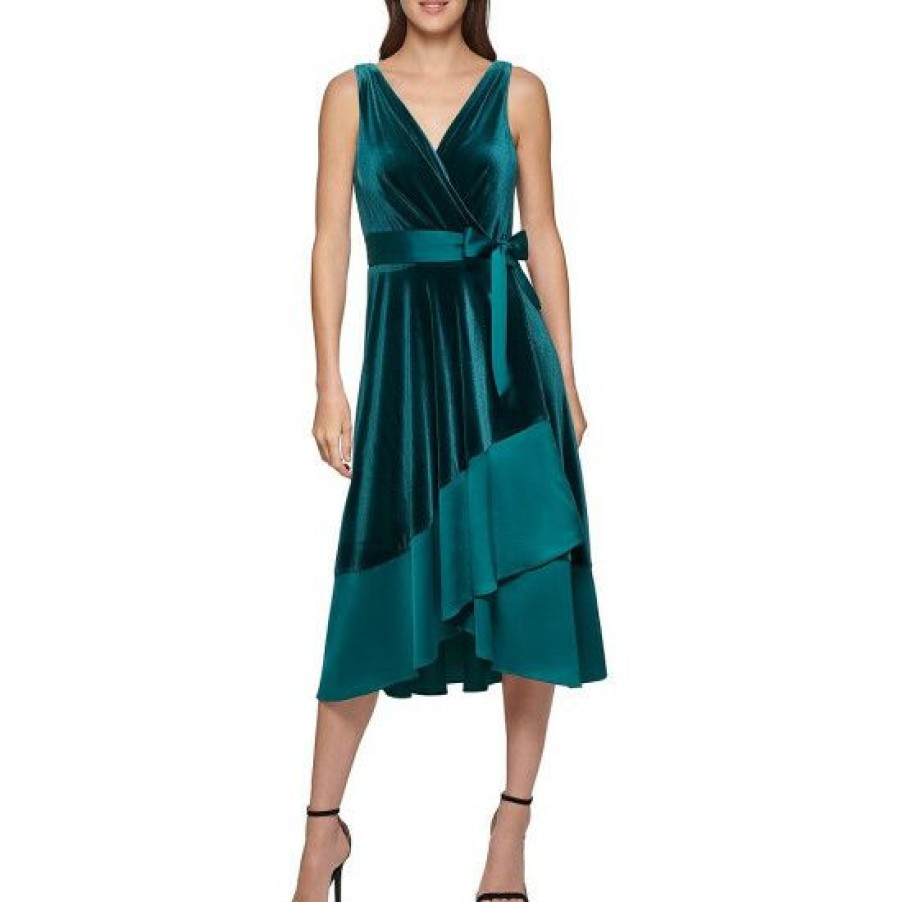 Women'S Clothing * | Best Pirce Dkny Petite Size Velvet Surplice V-Neck Sleeveless Belted Asymmetrical Satin Hem Midi Dress Forest Green