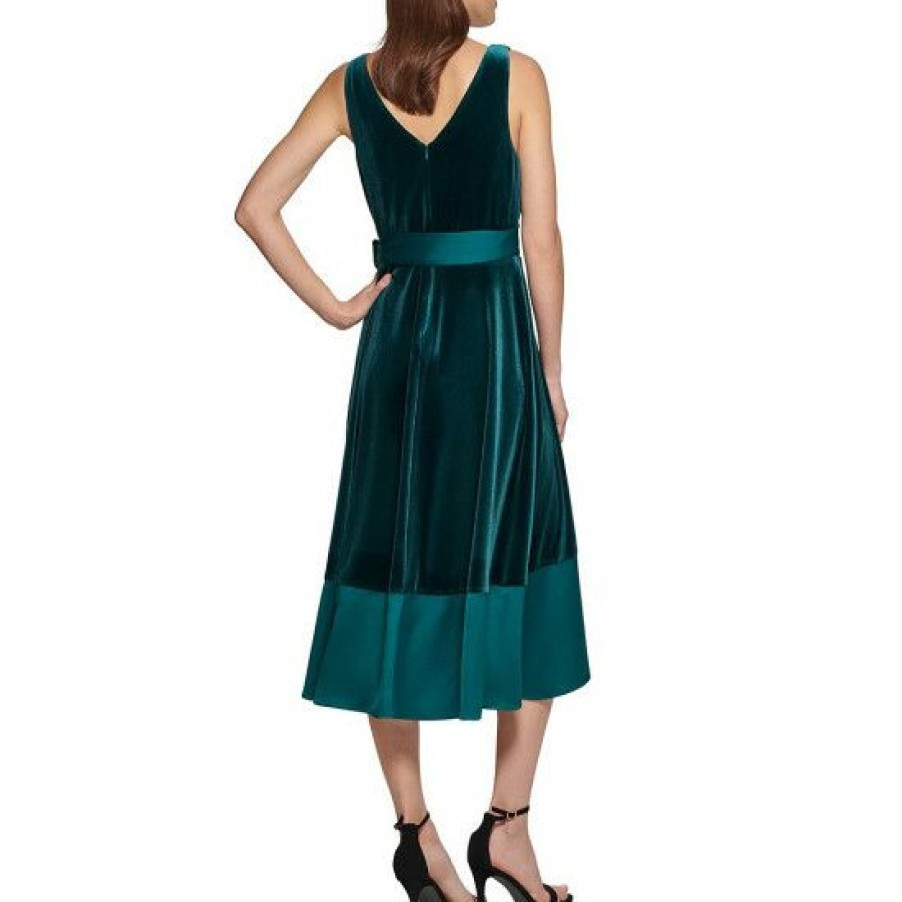 Women'S Clothing * | Best Pirce Dkny Petite Size Velvet Surplice V-Neck Sleeveless Belted Asymmetrical Satin Hem Midi Dress Forest Green