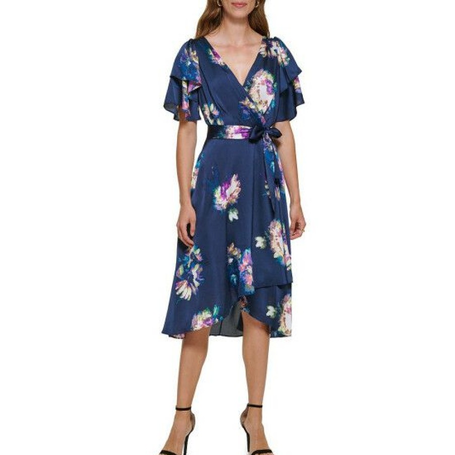 Women'S Clothing * | Best Pirce Dkny Floral Print Chiffon Surplice V-Neck Short Flutter Sleeve High-Low Faux Wrap Midi Dress Midnight