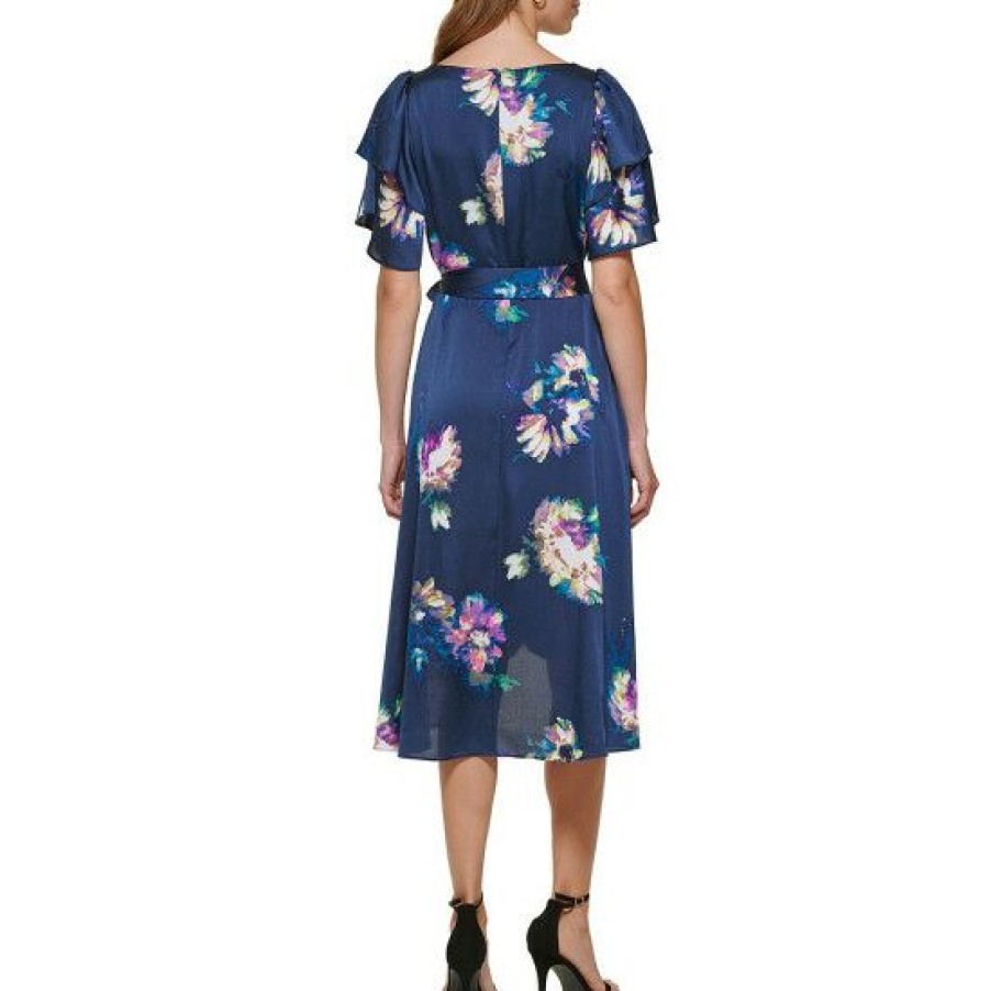 Women'S Clothing * | Best Pirce Dkny Floral Print Chiffon Surplice V-Neck Short Flutter Sleeve High-Low Faux Wrap Midi Dress Midnight