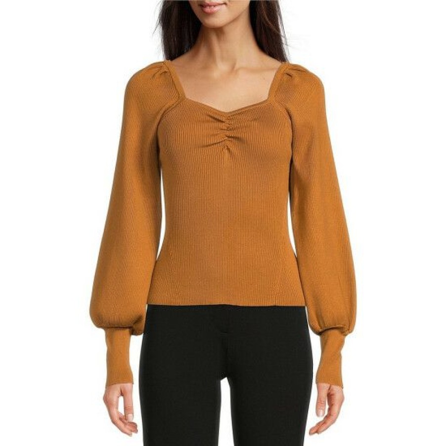 Women'S Clothing * | Cheap Dkny Long Puff Sleeve V-Neck Front Ruched Knit Top Roasted Pecan