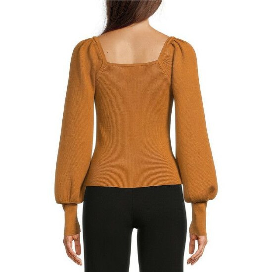 Women'S Clothing * | Cheap Dkny Long Puff Sleeve V-Neck Front Ruched Knit Top Roasted Pecan