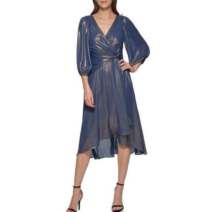 Women'S Clothing * | Wholesale Dkny Metallic Chiffon Knot Waist Detail 3/4 Sleeve V-Neck High-Low Midi Dress Denim/Gold