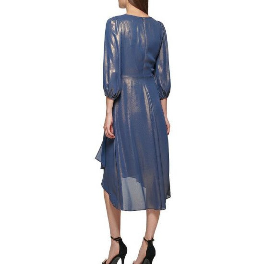 Women'S Clothing * | Wholesale Dkny Metallic Chiffon Knot Waist Detail 3/4 Sleeve V-Neck High-Low Midi Dress Denim/Gold