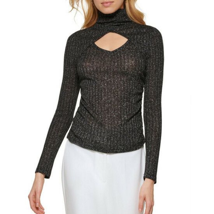 Women'S Clothing * | Budget Dkny Long Sleeve Mock Neck Cut-Out Metallic Top Black/Silver