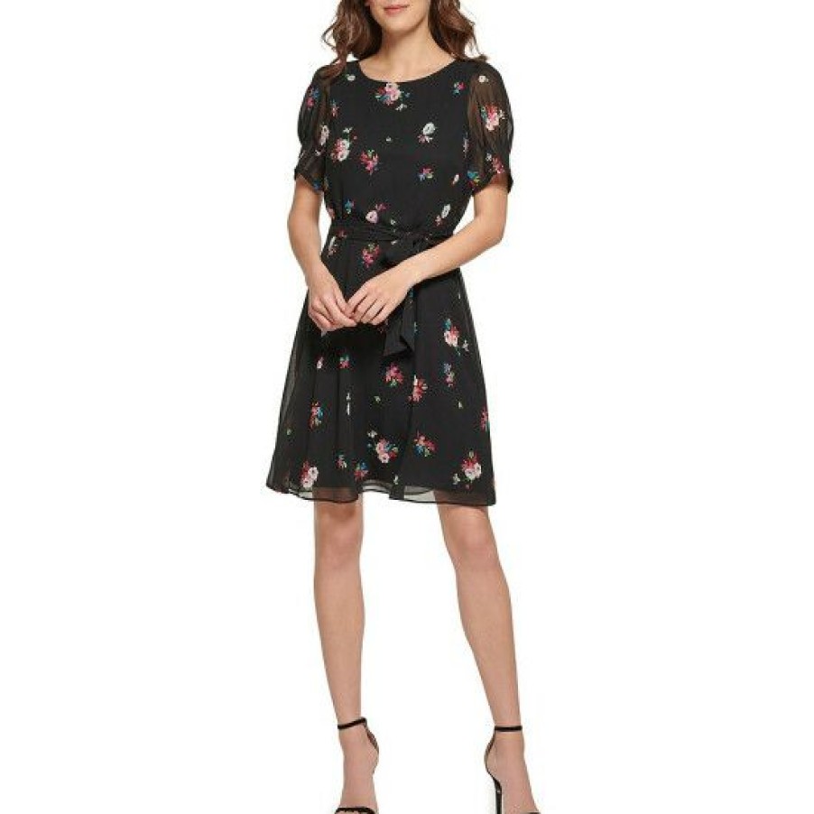 Women'S Clothing * | Flash Sale Dkny Jewel Neck Short Puff Sleeve Floral Print Fit And Flare Dress Black Multi