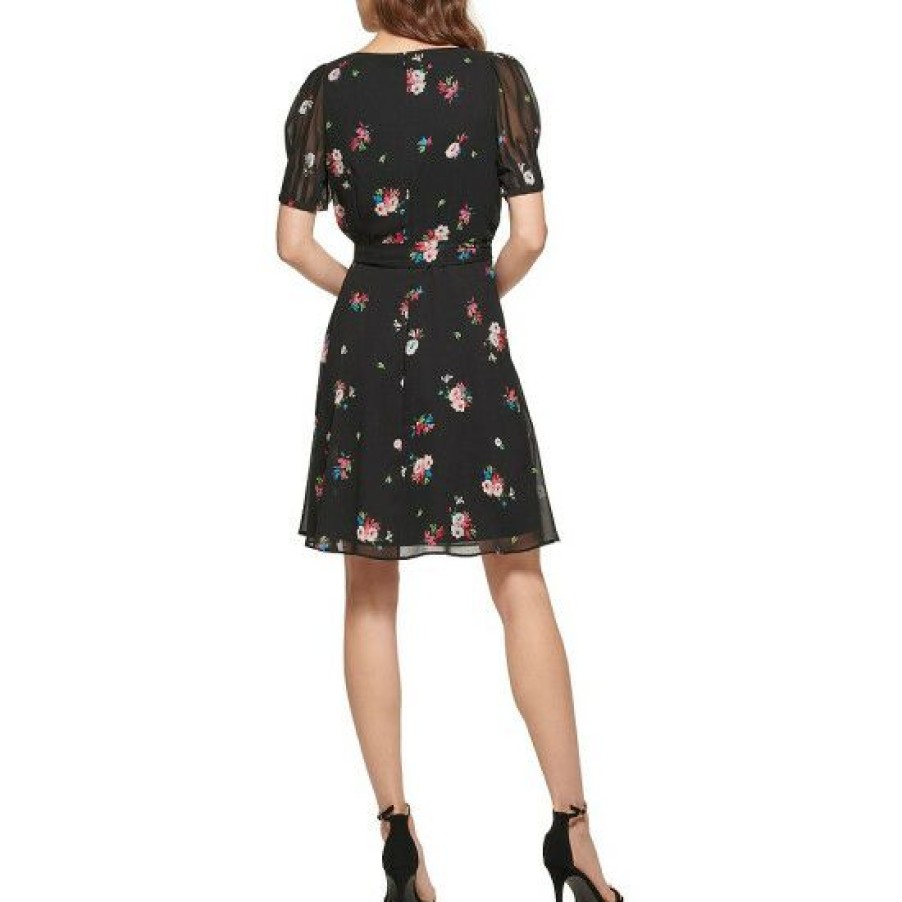 Women'S Clothing * | Flash Sale Dkny Jewel Neck Short Puff Sleeve Floral Print Fit And Flare Dress Black Multi