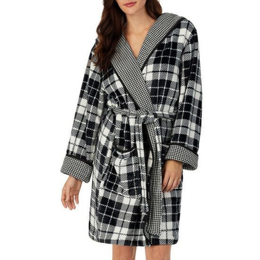 Lingerie * | Top 10 Dkny Check Print Hooded Shawl Collar Long Sleeve Short Cozy Wrap Robe Black Check